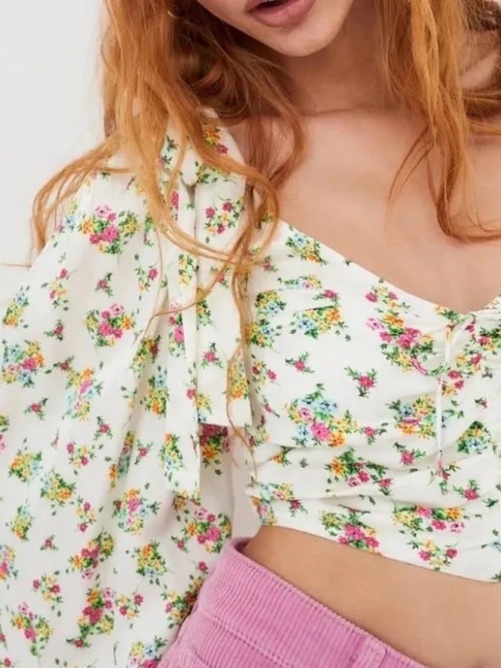 For Love & Lemons Tanya White Floral Puff Long Sleeve Crop Top S NWT